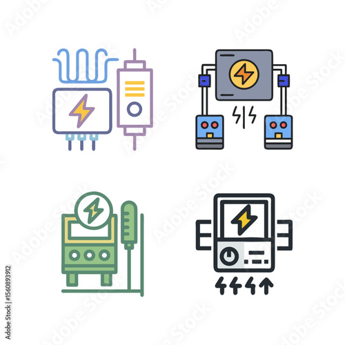 Electrical components represented in colorful designs illustrate energy, power, circuits, and related technology concepts.