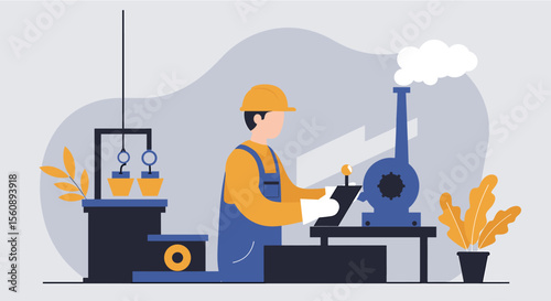 a worker in a factory setting, wearing a hard hat and overalls, operating a machine with a steam-like effect. Suitable for landing page, banner, marketing, web design, presentation, infographic, etc.