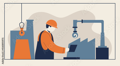 a worker in an orange hard hat and overalls operating a machine with a circular attachment. Suitable for landing page, banner, marketing, web design, presentation, infographic, etc.