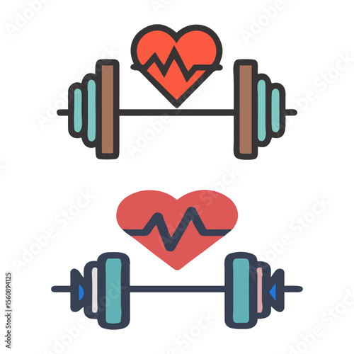 Two fitness icons showcase a barbell with a heart rate monitor symbol, representing health, exercise, and wellbeing lifestyle.