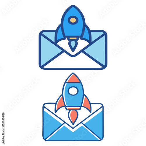 Email marketing campaign launch features a rocket taking off from an envelope, symbolizing fast delivery and successful promotions.
