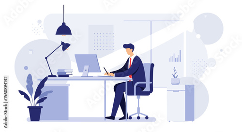 A man dressed in a suit is seated at a desk, working on a computer with a lamp and a plant beside him. Suitable for landing page, banner, marketing, web design, presentation, infographic, etc.