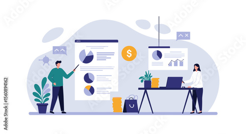 a business office scene with two individuals engaged in a presentation. Suitable for landing page, banner, marketing, web design, presentation, infographic, etc.