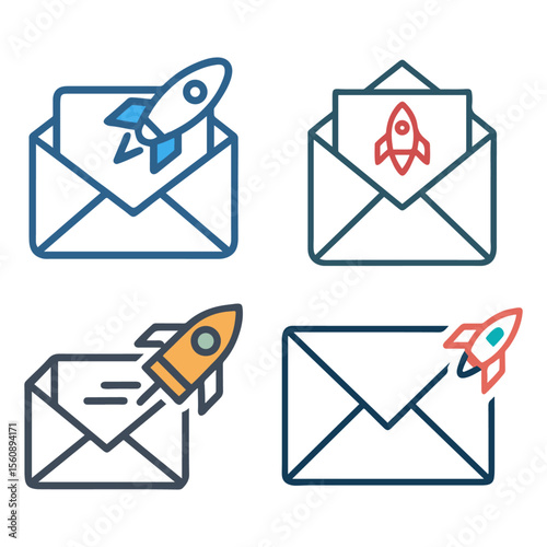 Colorful email marketing graphics feature rockets blasting from envelopes, symbolizing fast delivery and campaign success.