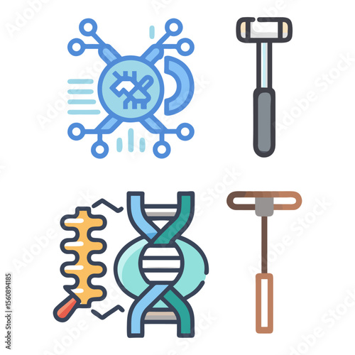 Scientific illustration featuring neural networks, DNA structures, and medical hammers against a clean backdrop for use in presentations.