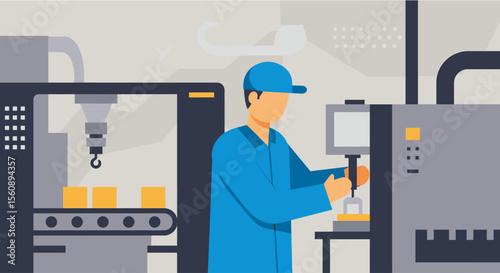 a worker in blue attire operating a machine with a conveyor belt. Suitable for landing page, banner, marketing, web design, presentation, infographic, etc.