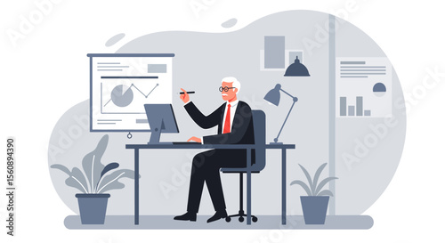 An illustration depicts a senior businessman in a modern office setting, analyzing financial data on a computer and presentation screen, ideal for business and marketing content.