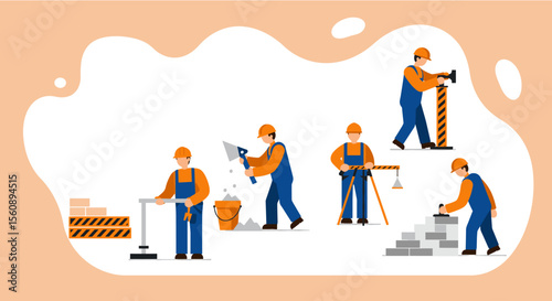 a series of workers engaged in various construction tasks, all wearing hard hats and blue overalls. Suitable for landing page, banner, marketing, web design, presentation, infographic, etc.