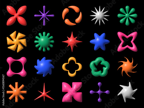 3D Y2K brutalism shapes and abstract geometric or futuristic elements, vector icons. Y2K brutalism figures of 3D colorful plastic brutal geometric elements and futuristic techno shapes and objects
