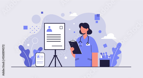 A female doctor in flat design style is reviewing a patient's medical history on a digital device and a clipboard, perfect for a healthcare landing page.