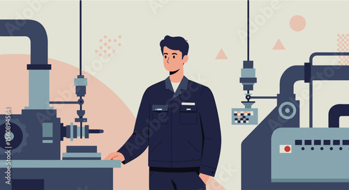 An illustration depicts a factory worker standing confidently in a modern industrial setting, overseeing machinery and processes with a focus on precision and efficiency.