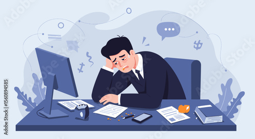 A frustrated businessman sits at his desk with a computer, surrounded by scattered papers, illustrating the challenges of modern office work in a flat design style.