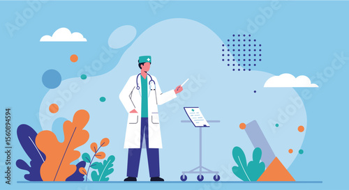 a doctor in a white coat and hat, gesturing towards a clipboard with a medical symbol. Suitable for landing page, banner, marketing, web design, presentation, infographic, etc.