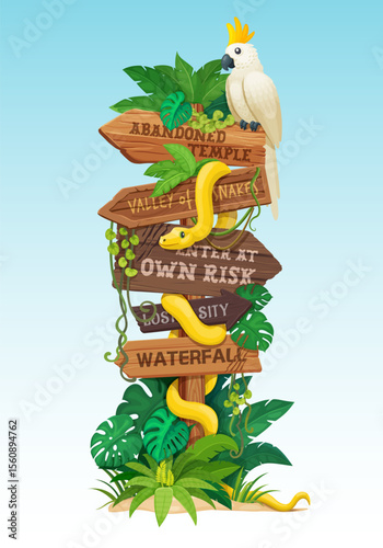 Jungle rain forest wooden signboard. Tropical country rainforest travel cartoon vector concept with wooden signboard, road direction signs with danger warning message, lianas, parrot and snake animal