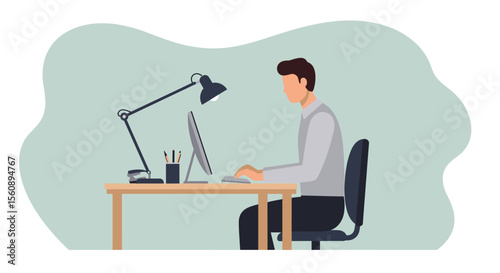 A man is seated at a desk, working on a computer with a lamp illuminating his workspace. Suitable for landing page, banner, marketing, web design, presentation, infographic, etc.