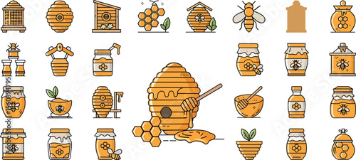 Honeycomb, Beehive, Honey Jars Sweet Icons Collection