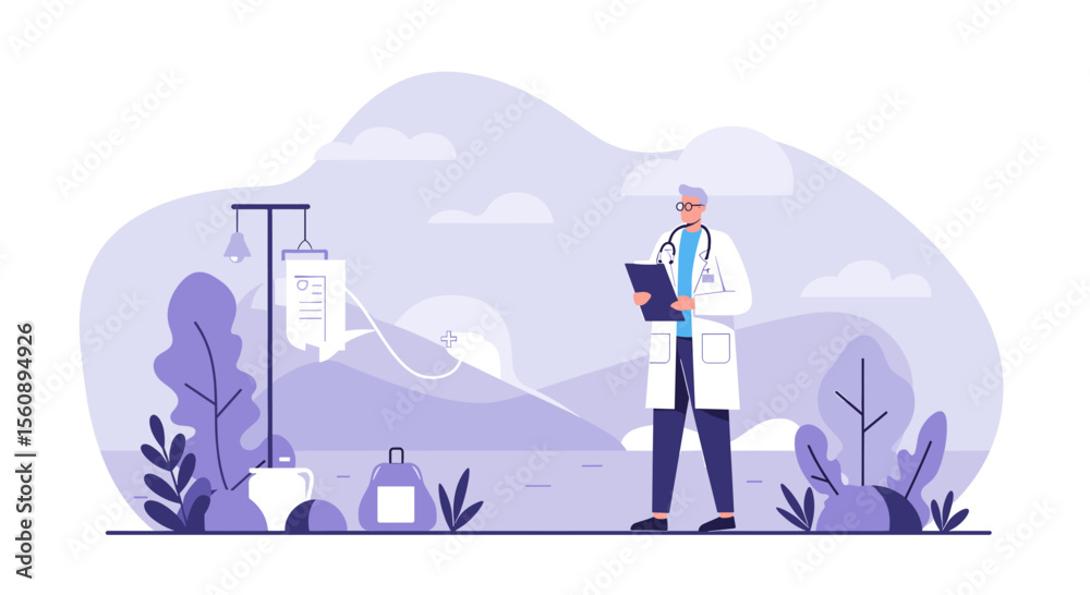 Obraz premium A medical professional stands outdoors, reviewing medical information next to an IV drip, set against a scenic landscape, ideal for healthcare, marketing, and web design projects.