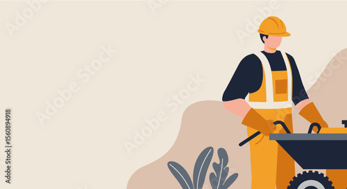 Modern flat design illustration of a construction worker with a wheelbarrow, perfect for marketing and web design.
