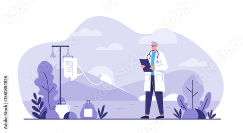 A medical professional stands outdoors, reviewing medical information next to an IV drip, set against a scenic landscape, ideal for healthcare, marketing, and web design projects.
