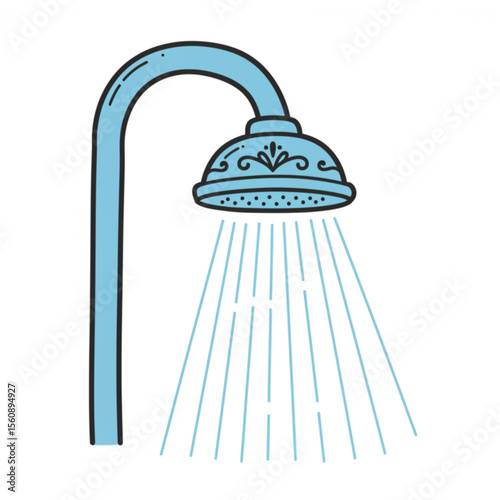 Fresh stylized shower head with water flowing offers a clean bathroom graphic, ideal for plumbing services or hygiene products.
