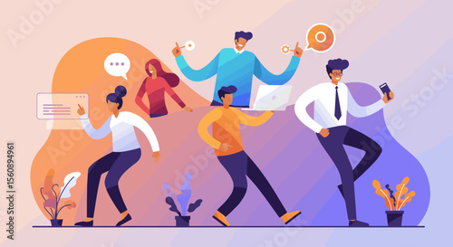 a group of people engaged in various activities, with one person holding a laptop and another a phone, all Suitable for landing page, banner, marketing, web design, presentation, infographic, etc.