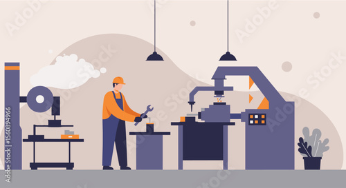An illustrated flat design depicts a factory worker operating machinery in a manufacturing plant, showcasing industrial processes and technological innovation for business and marketing.