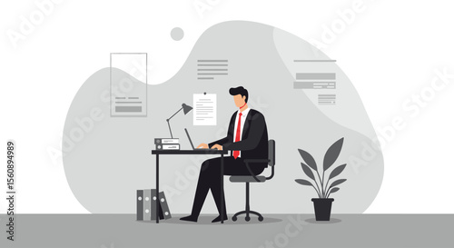 A man dressed in a suit is seated at a desk, working on a laptop with a stack of papers beside him. Suitable for landing page, banner, marketing, web design, presentation, infographic, etc.