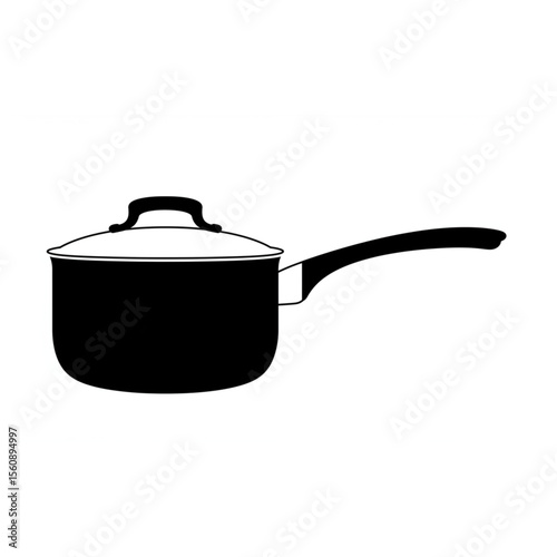 Simple black saucepan with lid creates a clean graphic for culinary designs, perfect for recipe cards, kitchenware branding, or restaurant menus.