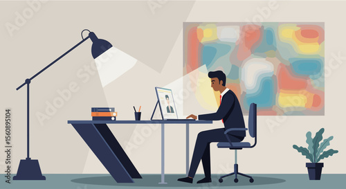 A man is seated at a desk, working on a laptop with a lamp illuminating the area behind him. Suitable for landing page, banner, marketing, web design, presentation, infographic, etc.
