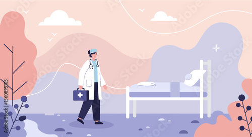 A doctor in a white coat and stethoscope is walking past a hospital bed Suitable for landing page, banner, marketing, web design, presentation, infographic, etc.