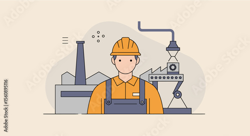 a man wearing a hard hat and overalls, standing in front of a factory setting with industrial equipment. Suitable for landing page, banner, marketing, web design, presentation, infographic, etc.