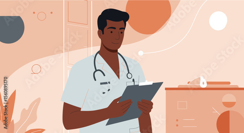 A modern flat design illustration of a male doctor holding a clipboard in a medical setting, ideal for a website landing page or presentation banner.
