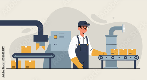 a worker in a factory setting, wearing a hard hat and safety glasses, operating a machine that packages goods. Suitable for landing page, banner, marketing, web design, presentation, infographic, etc.