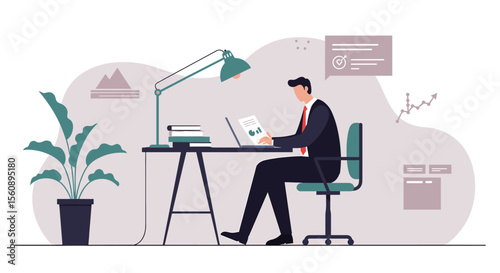 A man dressed in a suit is seated at a desk, working on a laptop with a lamp illuminating his workspace. Suitable for landing page, banner, marketing, web design, presentation, infographic, etc.