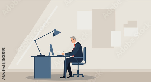 A man dressed in a suit is seated at a desk, working on a computer with a lamp providing light. Suitable for landing page, banner, marketing, web design, presentation, infographic, etc.