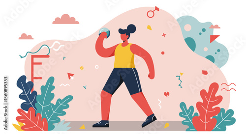 A vibrant flat design illustration showcasing a female athlete participating in shot put against a backdrop of abstract shapes, ideal for marketing and web design.