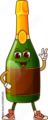 Sparkling wine beverage groovy character. Anniversary party alcohol drink 60s funny vector personage or isolated retro mascot. Sparkling wine bottle cheerful character shoving peace hand gesture sign