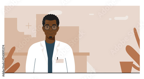 A confident Black male professional in a white lab coat and glasses stands in a modern, minimalist office setting, depicted in a clean flat design illustration.