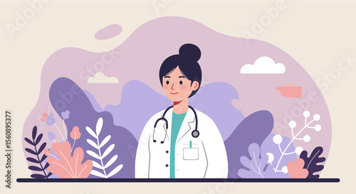 Friendly female doctor in flat design style, perfect for healthcare websites, landing pages, banners, and marketing presentations. Ideal for medical blogs, brochures, and infographics needing a