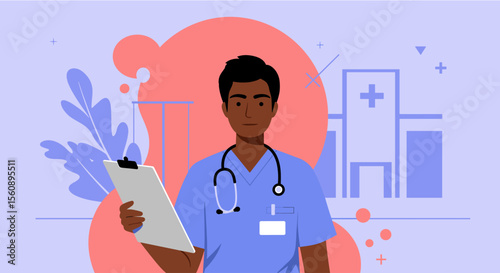 a healthcare professional, likely a doctor, standing in front of a hospital building with a clipboard in hand. Suitable for landing page, banner, marketing, web design, presentation, infographic, etc.