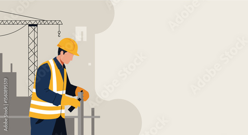 a construction worker in a yellow hard hat and safety vest, actively engaged in work at a construction site. Suitable for landing page, banner, marketing, web design, presentation, infographic, etc.