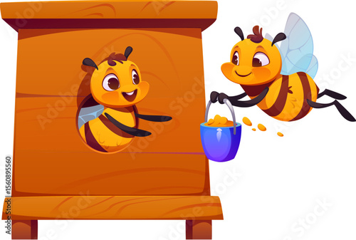 Cartoon funny honey bee characters working in hive. Cute honeybee insect happy vector characters flying and collecting pollen with bucket. Spring bumblebee bug, apiary farm bee kids cute personages