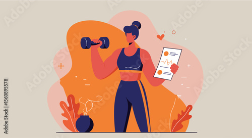 a woman in athletic attire, holding a dumbbell and a fitness tracking sheet. Suitable for landing page, banner, marketing, web design, presentation, infographic, etc.