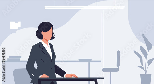 A woman in a business suit stands in an office setting, with a plant to her right and a desk in front of her. Suitable for landing page, banner, marketing, web design, presentation, infographic, etc.