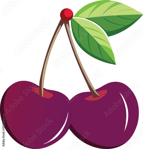 Vibrant red cherries with double stems and a green leaf isolated on white background isolated on transparent background