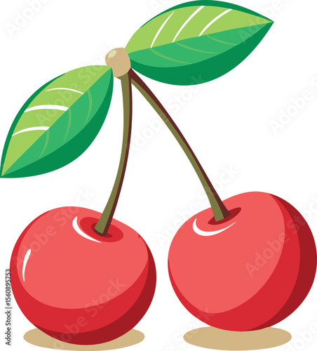 Vibrant red cherries with double stems and a green leaf isolated on white background isolated on transparent background