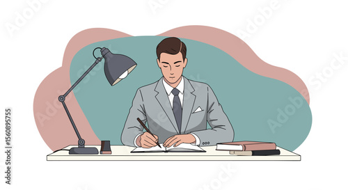 A focused illustration depicts a professional man diligently working at his desk, illuminated by a desk lamp, capturing the essence of business, design, and marketing.