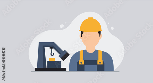 Flat design illustration of a construction worker in a hard hat and overalls standing next to industrial machinery on a landing page.