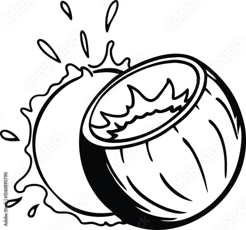 Fresh coconut split open with a dynamic milk splash isolated on white background isolated on transparent background