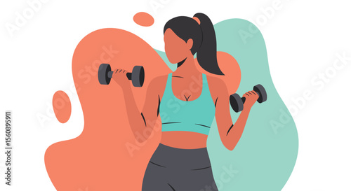 A vibrant flat design illustration showcases a woman exercising with dumbbells against a colorful abstract background, perfect for fitness and wellness presentations.